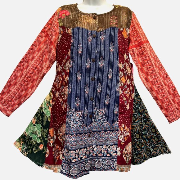 Nwt SACRED THREADS patch hippie rayon twill flared button DRESS M - Picture 1 of 3